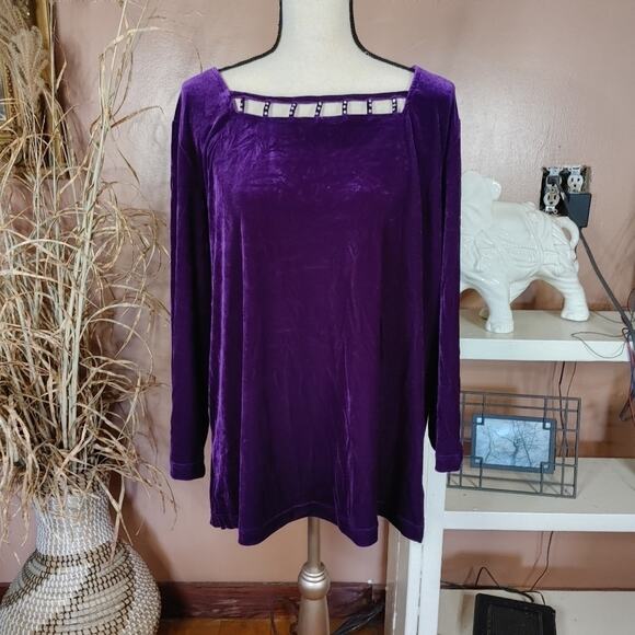Quacker Factory Size XL Extra Large Purple Velvet Jewel Long Sleeve Fancy Blouse - Picture 12 of 12